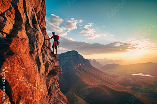 Summit Conquest. Climbers Reach the Mountain Summit at Sunrise Amidst Majestic Landscapes. Epic Adventure. Teamwork. 