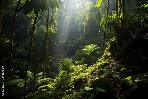 Enchanting rainforest with sunbeams. Generative AI