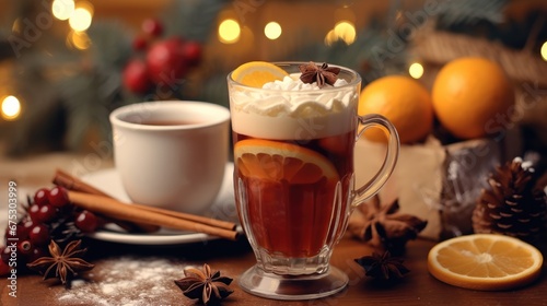 Hot lemon tea with ingredients, Winter hot drink.