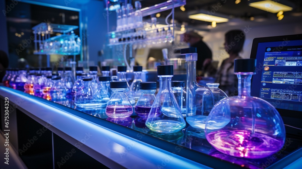Futuristic Laboratory Themed Bar with Glowing Flasks and Beakers Set