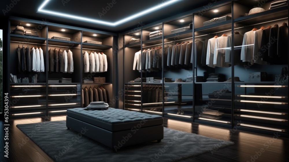 Design a big closet room, Black, Modern style, Dressing area which full of luxury brands product and well organized.