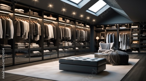 Design a big closet room  Black  Modern style  Dressing area which full of luxury brands product and well organized.