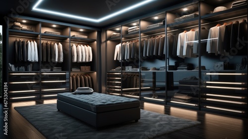 Design a big closet room, Black, Modern style, Dressing area which full of luxury brands product and well organized. © visoot