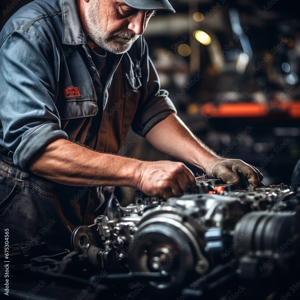 Auto mechanic at work, repairing car, engine. Generative AI Auto mechanic at work, repairing car, engine. Generative AI