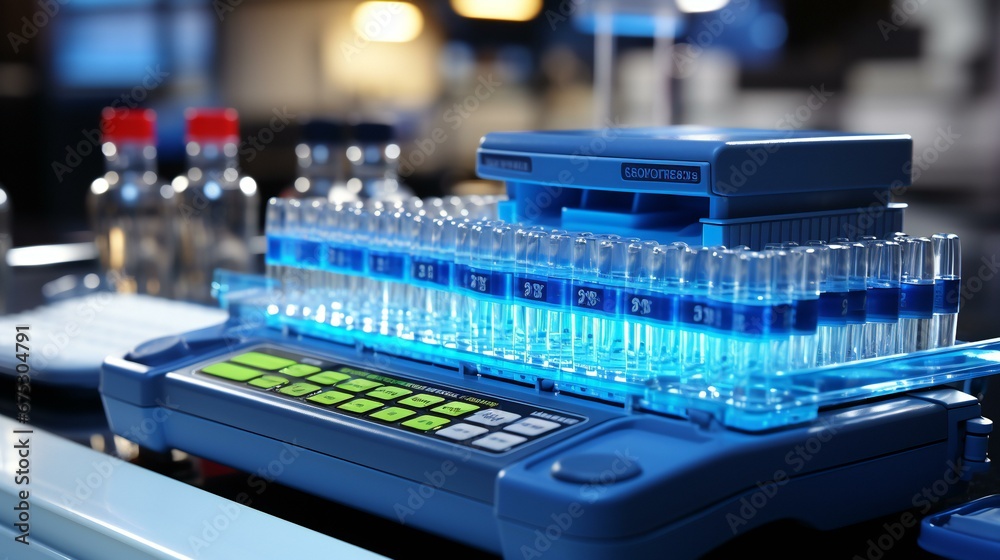 Advanced Automated Laboratory Equipment Conducting Biochemical Analysis in a Modern Research Facility - obrazy, fototapety, plakaty 