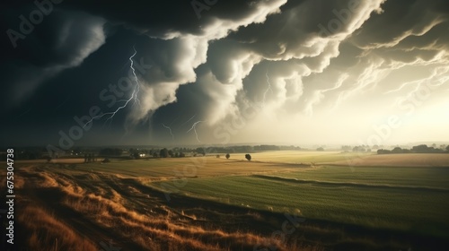 Natural disaster concept, Tornado raging over a landscape, Storm over cornfield, Super cell wall cloud moving over the rural landscape. © visoot