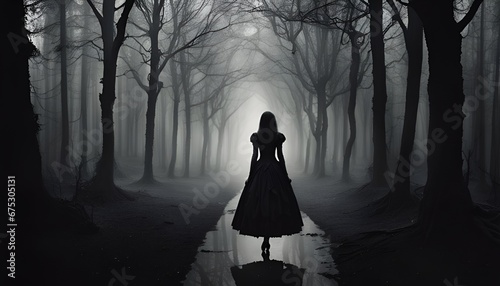 girl walking in the dark forest