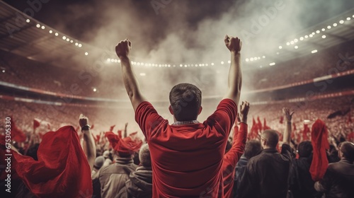 football Fans in red shirt show hands celebration on big stadium during football game
