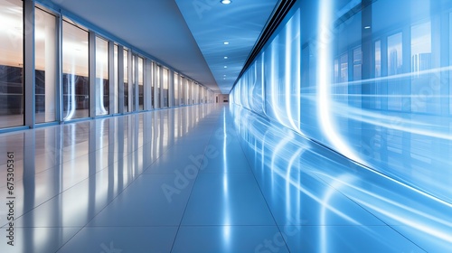 Modern Corporate Office Building Hallway with Reflective Floors and Futuristic Blue Lighting Design