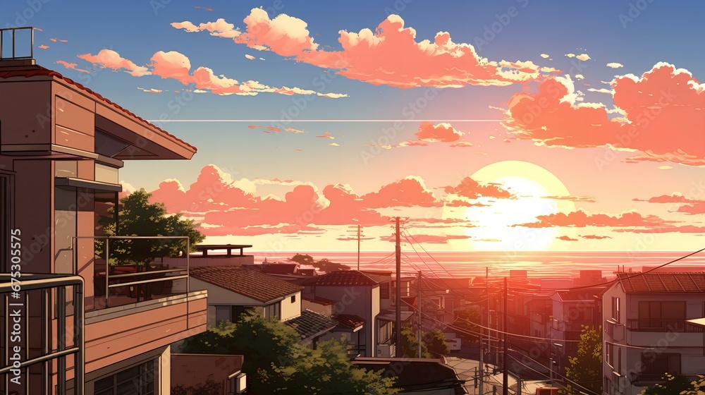 Obraz premium Serene Sunset Over Residential Area with Warm Skies and Ocean View from Elevated Balcony