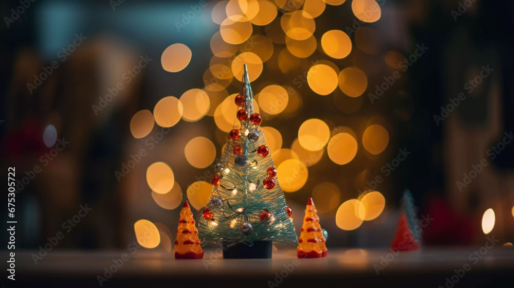 Miniature Christmas tree with ornaments with beautiful blurred bokeh lights background Miniature Christmas tree with ornaments with beautiful blurred bokeh lights background