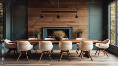 Interior Design  Chairs Around Long Wooden Table.
