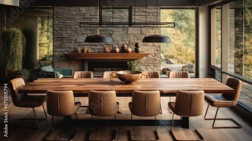 Interior Design, Chairs Around Long Wooden Table.