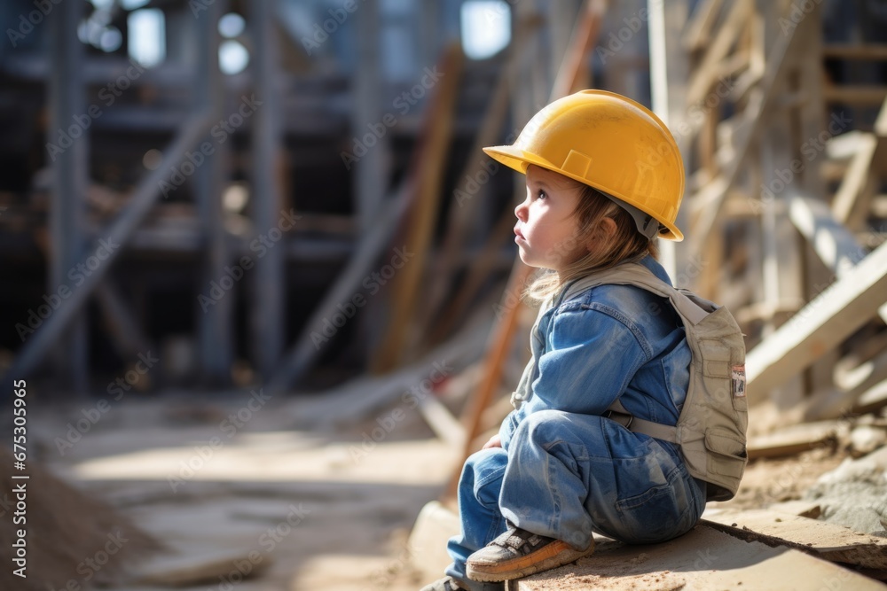 a girl in a helmet of a working engineer on the background of construction. Construction site