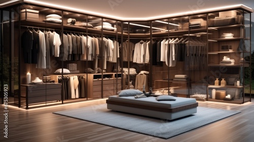 Modern light luxury style walk-in closet  Dressing area which full of luxury brands product and well organized.