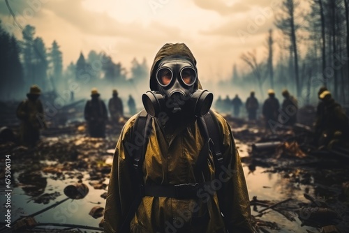 Man with gas mask in the middle of a disaster.