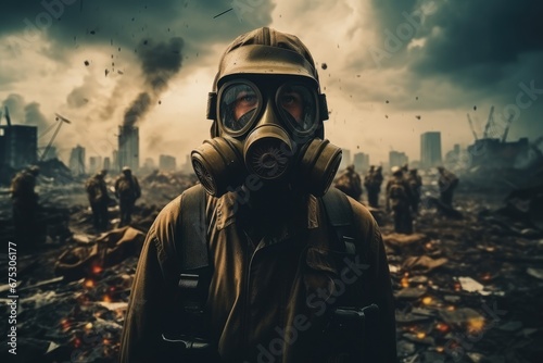 Man with gas mask in the middle of a disaster.
