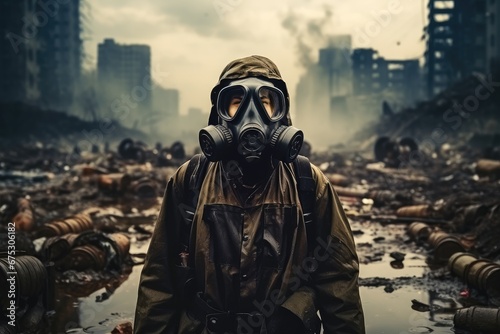 Man with gas mask in the middle of a disaster.