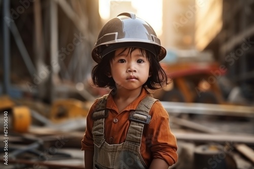 a asian girl in a helmet of a working engineer on the background of construction. Construction site © vasyan_23