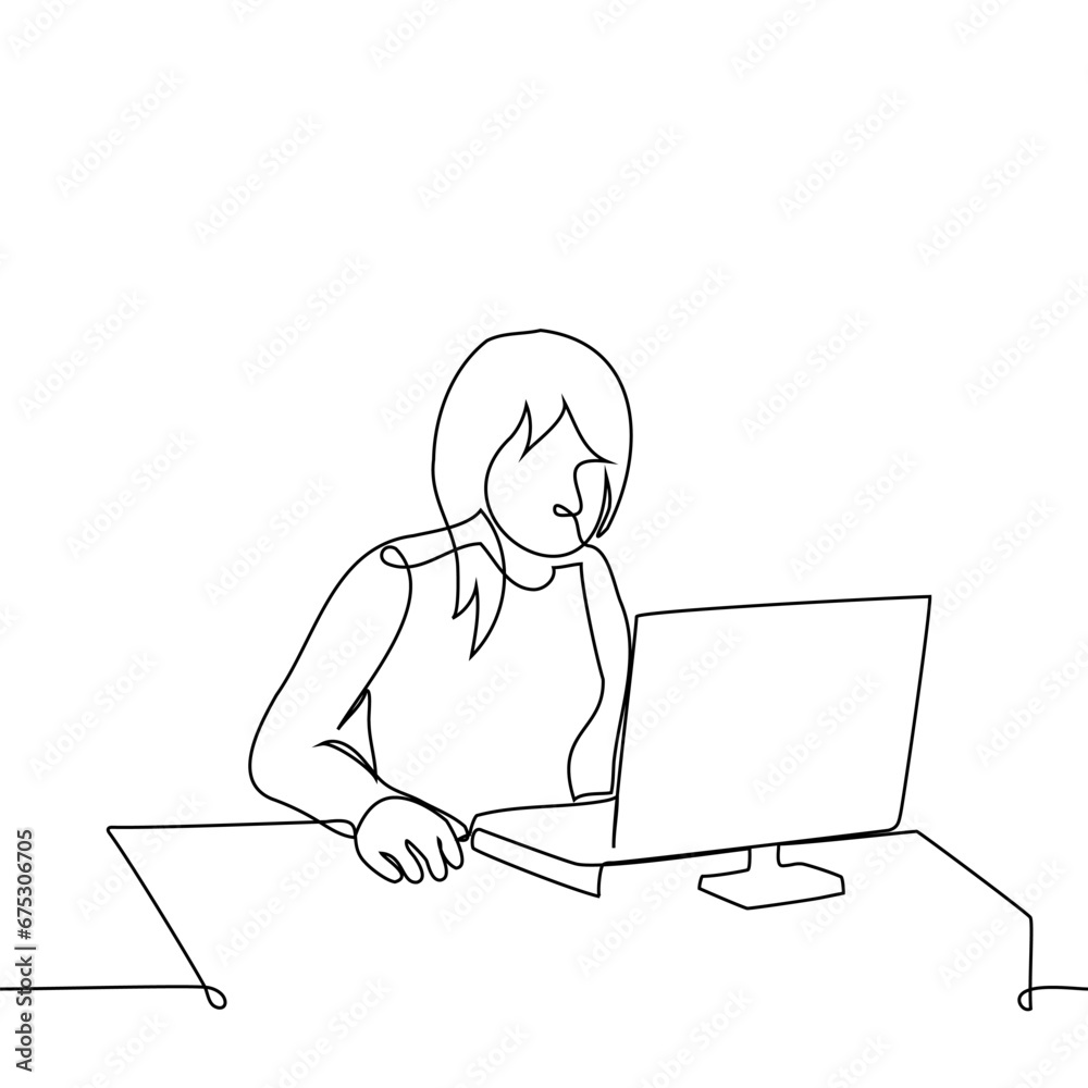 woman sits at a computer with a mouse in her hand - one line art vector. concept of white collar worker at work, working in the office or from home woman sits at a computer with a mouse in her hand - one line art vector. concept of white collar worker at work, working in the office or from home