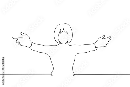 woman stands with arms outstretched wide apart - one line art vector. concept offer hugs