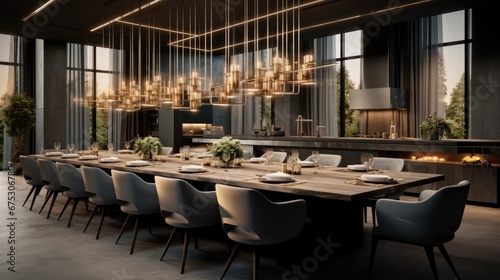 Minimalist home grey luxury restaurant with a simple chandelier in the middle, Luxury. © visoot