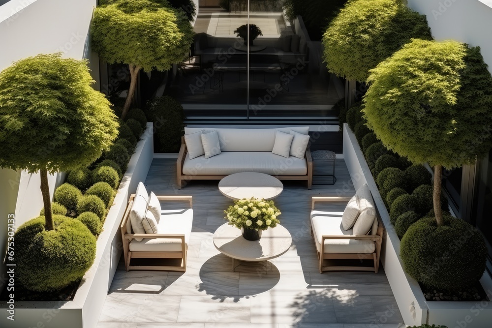 Small courtyard terrace, Simple green shrubs, High end design, Modern, Aerial view. - obrazy, fototapety, plakaty 