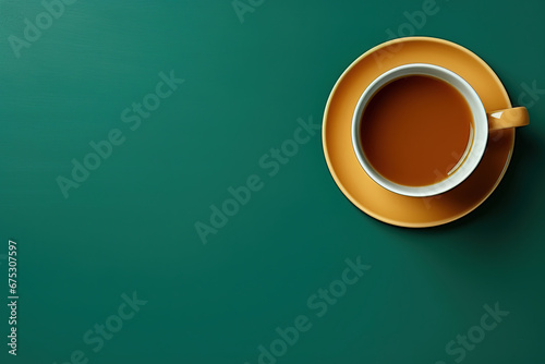 minimalist green background with a Tea cup, cappuccino, coffee , top view with empty copy space