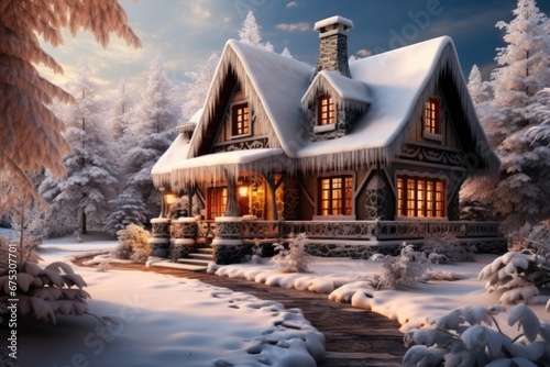 A cozy cottage in a winter wonderland in Christmastime.