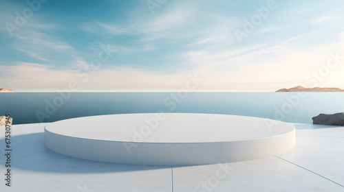 Tropical summer scene with white podium for product presentation  palm leaves and sea background.