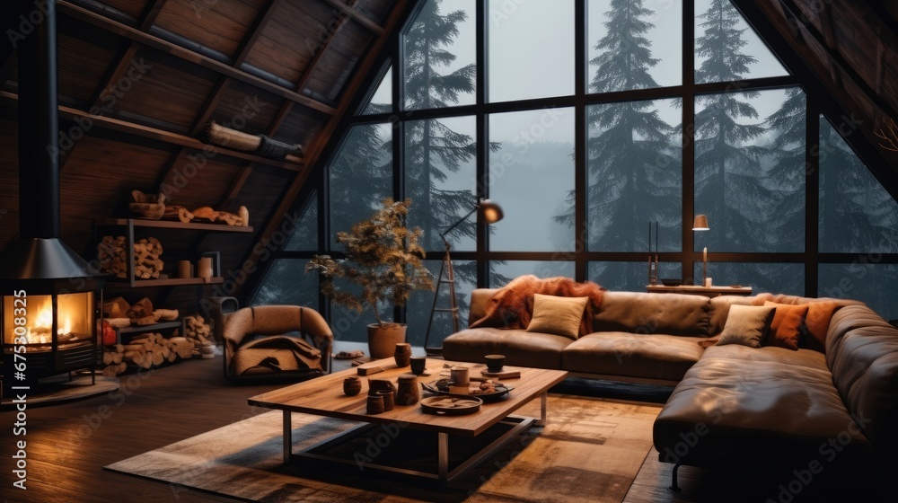 A living room with many large windows, Cozy Christmas style moody atmosphere and landscape, Cabin.