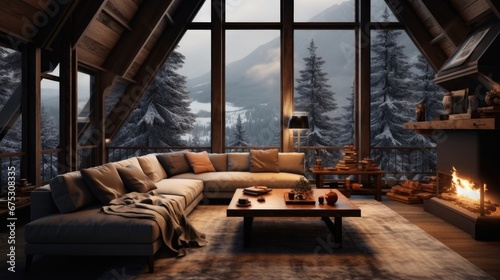 A living room with many large windows, Cozy Christmas style moody atmosphere and landscape, Cabin. © visoot