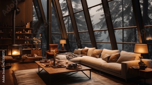 A living room with many large windows  Cozy Christmas style moody atmosphere and landscape  Cabin.