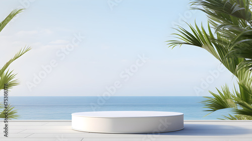 Tropical summer scene with white podium for product presentation  palm leaves and sea background.