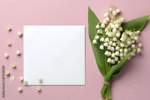 Invitation or greeting card mockup with envelope and lily of the valley flowers. photo