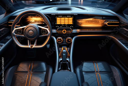 Original design of the main instrument panel of an electric vehicle interior. © visoot