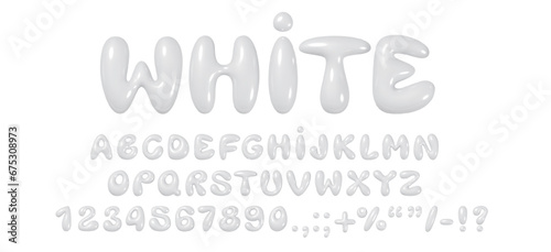 Glossy 3D bubble font vector with white inflatable balloon letters, full alphabet set and numbers in a playful cartoon style, ideal for Y2K typography designs