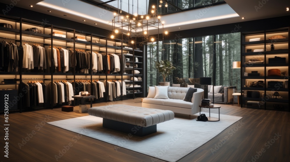 A designer walk-in closet with organized shelving, Elegant lighting and luxury finishes.