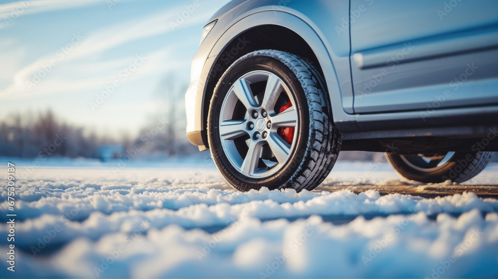 Close up of a single clean car tire standing in the snow in winter.