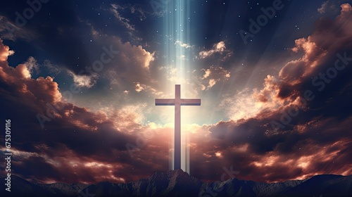The cross shines in the clouds through the darkness