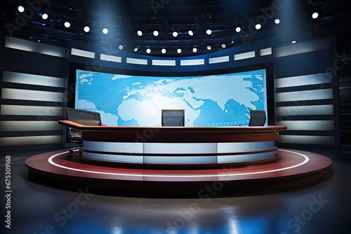 The studio's a news set. Studio TV news program. Newscaster background