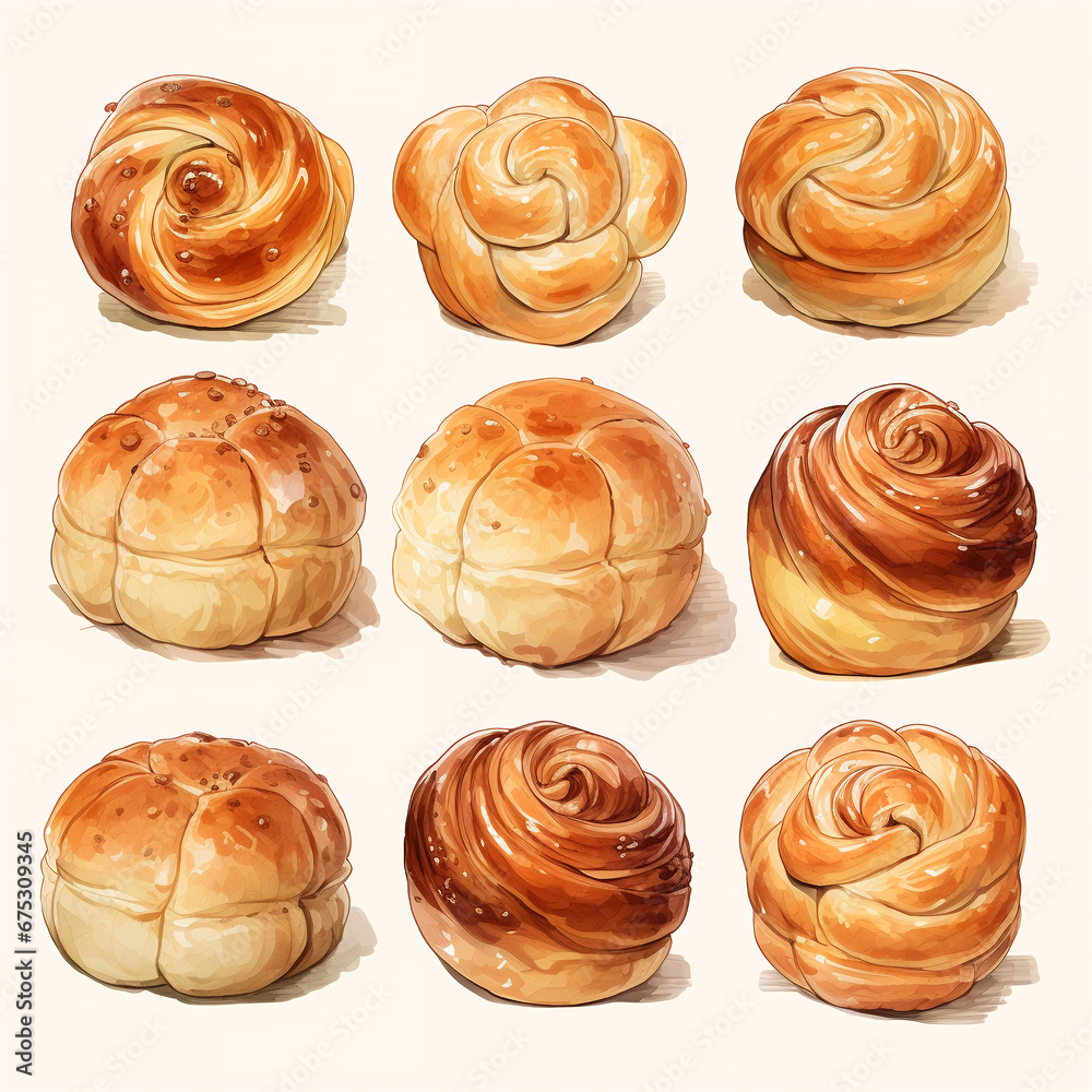 set of watercolor clip art of pastry isolated on white background for graphic design
