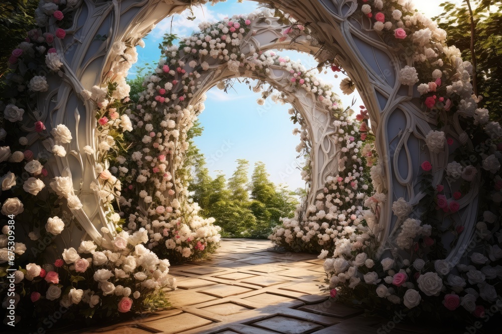 A heart shaped archway in the middle of a garden. - obrazy, fototapety, plakaty 