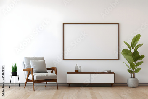 Smart TV on the white wall in living room with armchair,minimal design © HridoyDesigns