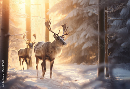 AI generated image of reindeer looking away in the snowy forest at sunset photo