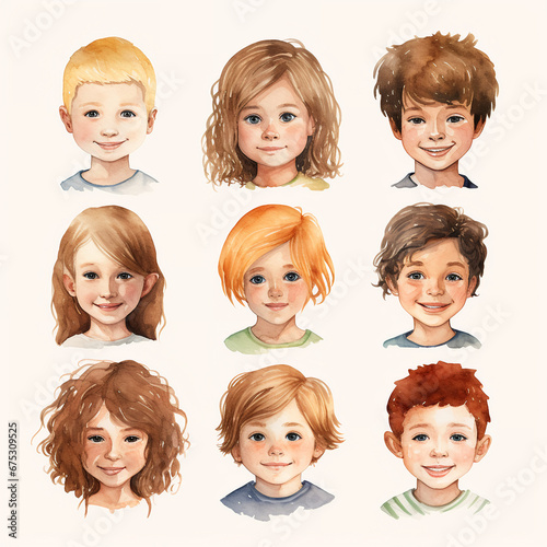 set of watercolor clip art of child faces isolated on white background for graphic design