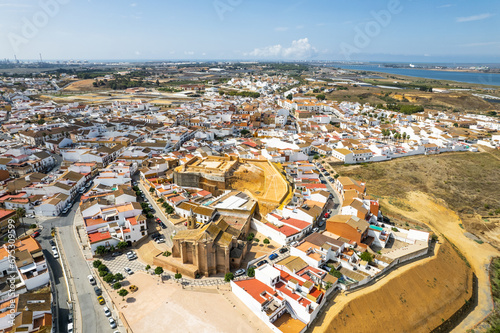 Aerial drone panorama of Palos de la Frontiera cityscape, Huelva, Spain