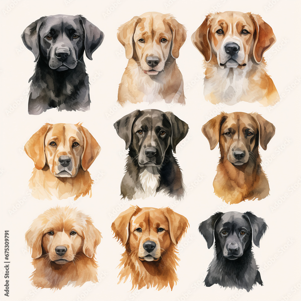 set of watercolor clip art of dogs isolated on white background for graphic design set of watercolor clip art of dogs isolated on white background for graphic design