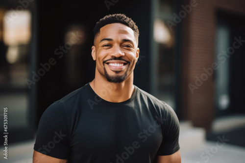 Generative AI illustration of cheerful black man wearing a black t-shirt smiles radiantly against a backdrop of modern buildings photo