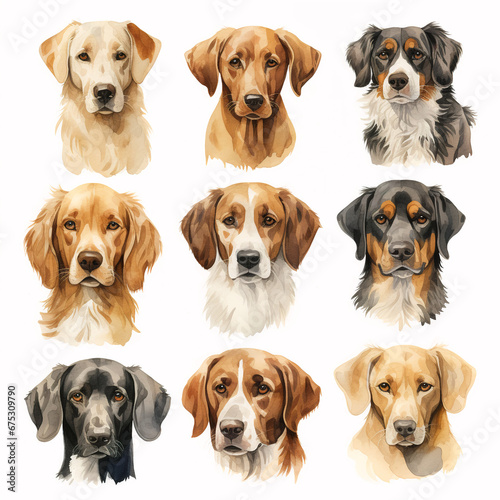 set of watercolor clip art of dogs isolated on white background for graphic design